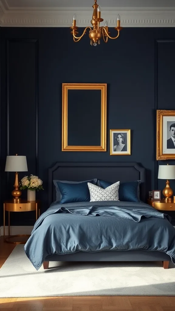 A stylish navy blue bedroom with gold accents, featuring a bed with blue bedding, gold side tables, and a chandelier.