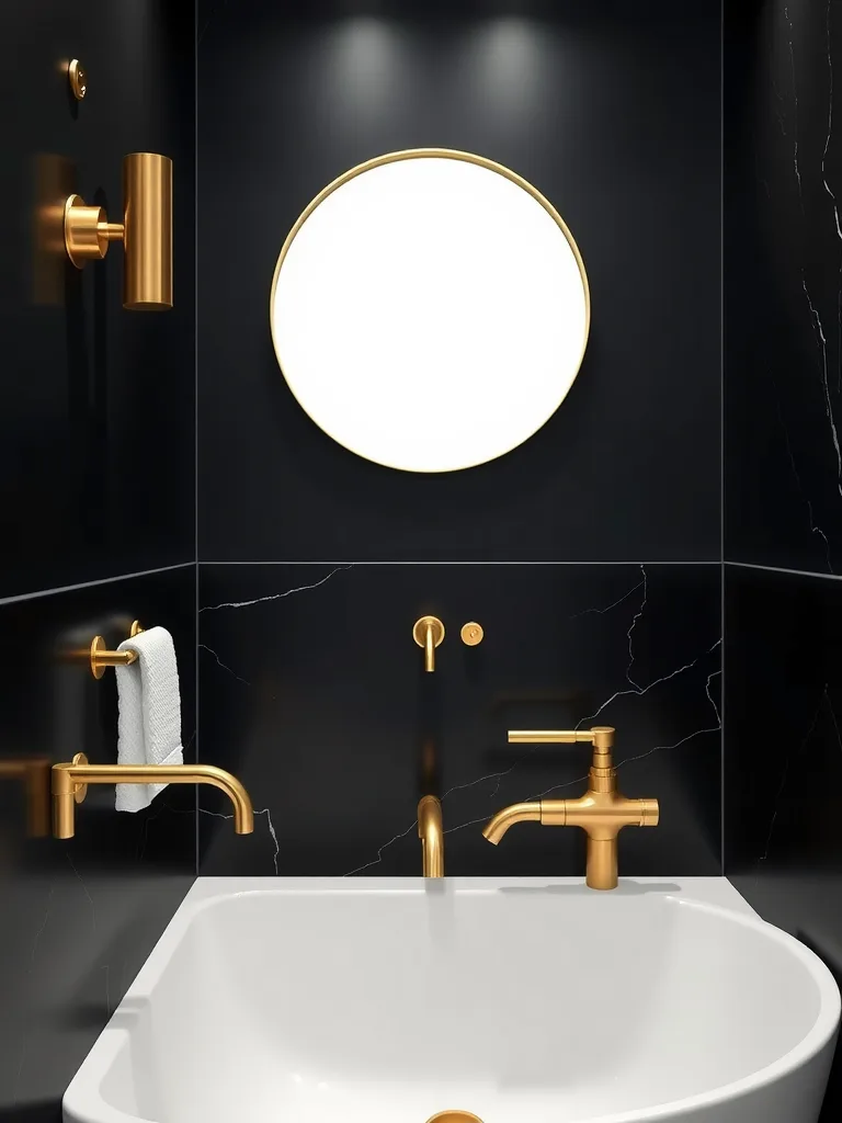 A modern bathroom featuring gold fixtures against matte black walls, with a white bathtub and round mirror.