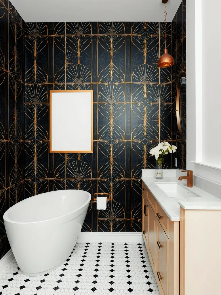 Bathroom featuring graphic black and gold wallpaper with a modern bathtub and elegant fixtures.