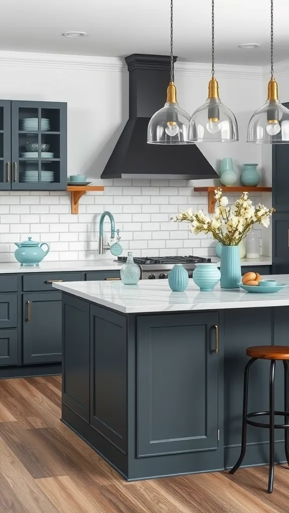 Kitchen featuring a graphite grey island and seafoam blue decor