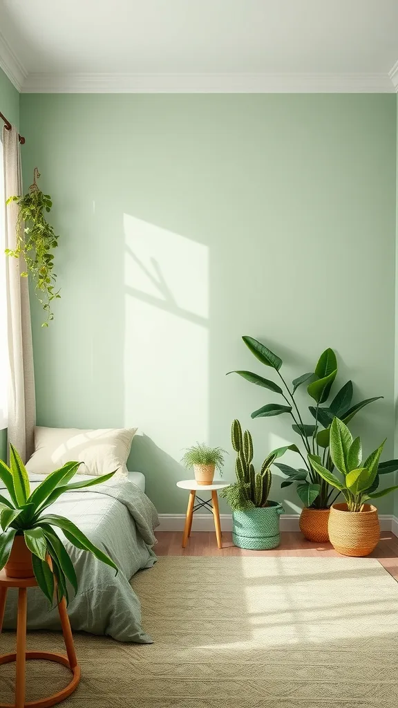 A sage green bedroom with various indoor plants, including a snake plant and pothos.