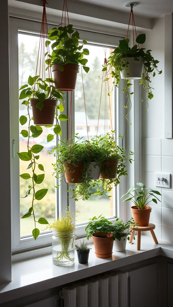 A modern kitchen window with a variety of hanging and potted plants.