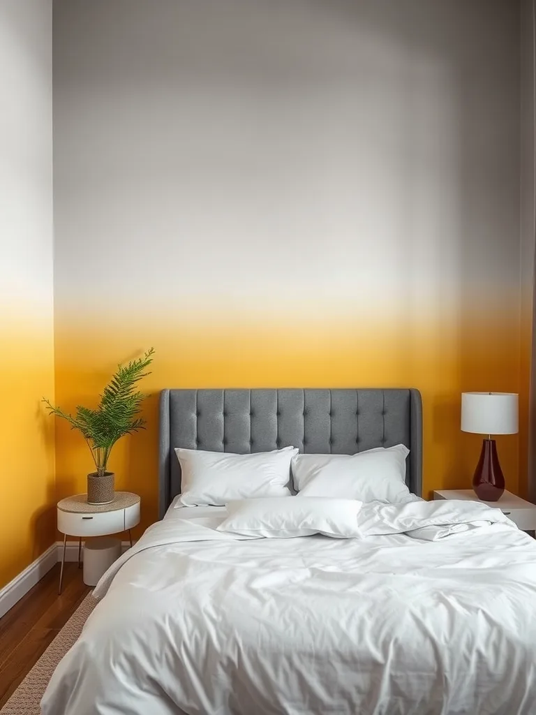 A bedroom featuring a grey and yellow ombre wall design with a grey tufted headboard and white bedding.