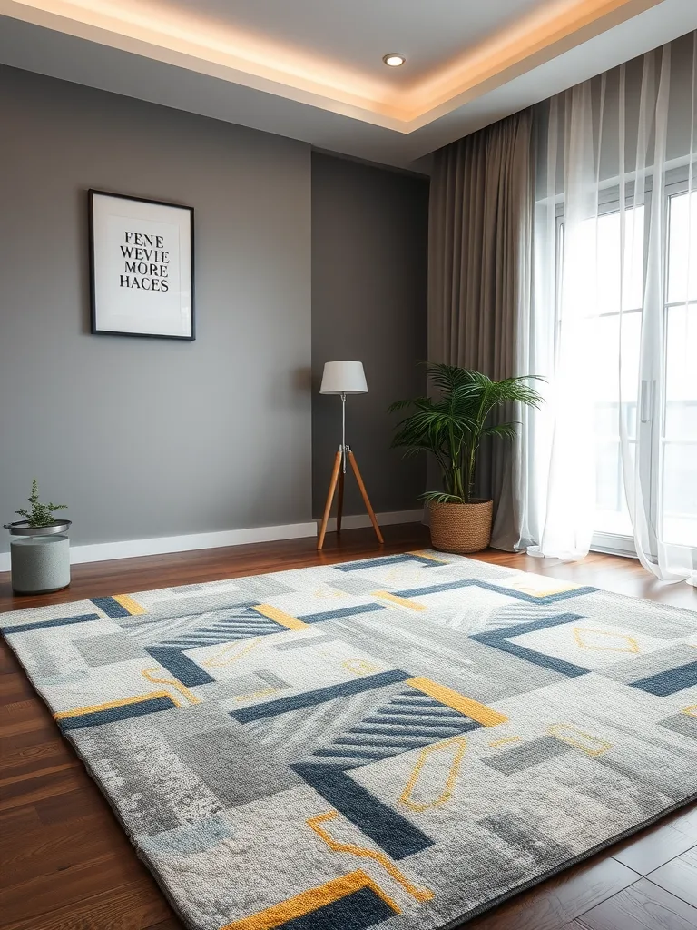 A stylish grey area rug with yellow highlights in a modern bedroom setting.