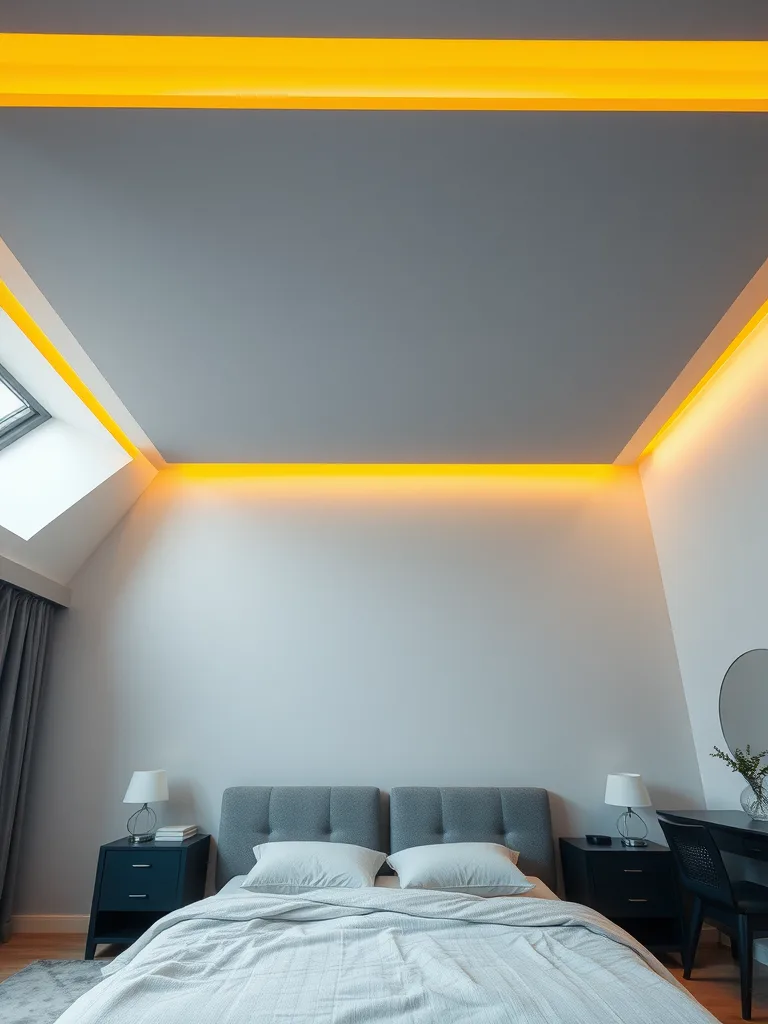 A modern bedroom with a grey ceiling and yellow trim, featuring a grey bed and dark furniture.