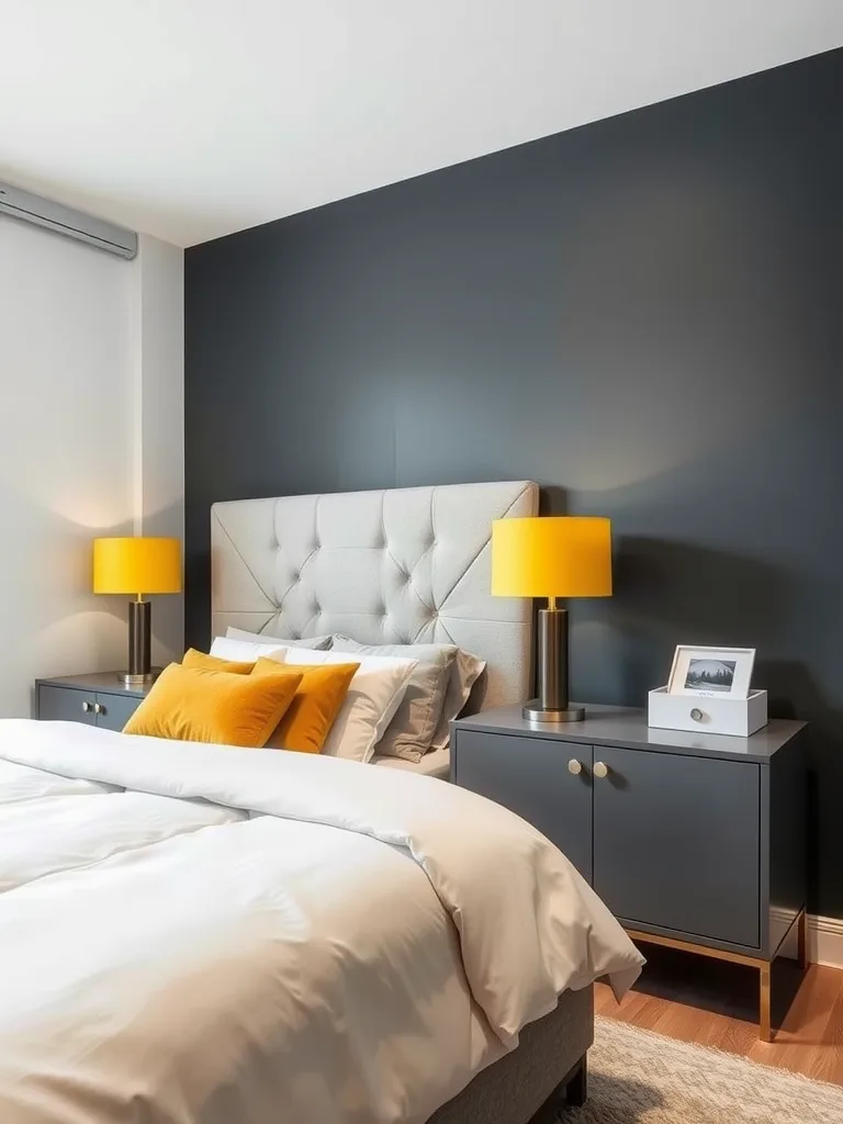 A modern bedroom featuring grey nightstands with yellow lamps, a light-colored bedding set, and a dark accent wall.