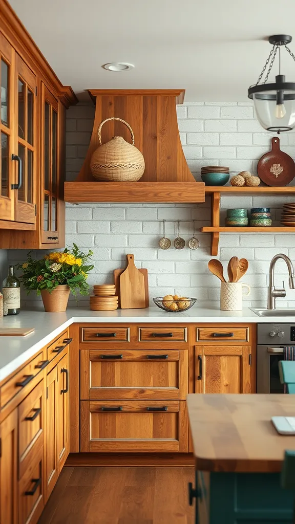 A cozy organic modern kitchen featuring wooden cabinets, a brick wall, and handcrafted decor.