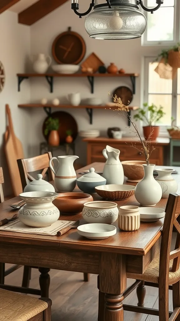 A rustic farmhouse dining room table set with handmade pottery and ceramics.