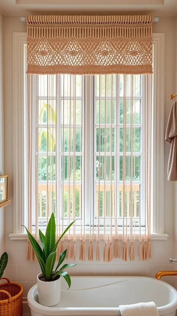 A bathroom window dressed with macramé curtains, featuring a potted plant nearby.