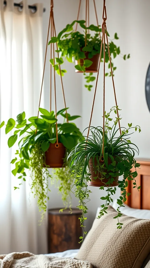 A cozy bedroom with hanging planters featuring various green plants.