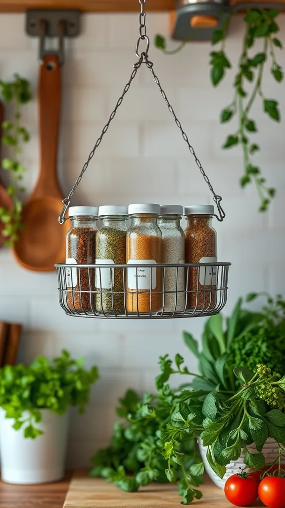 A hanging spice rack with jars and fresh herbs in a kitchen setting.