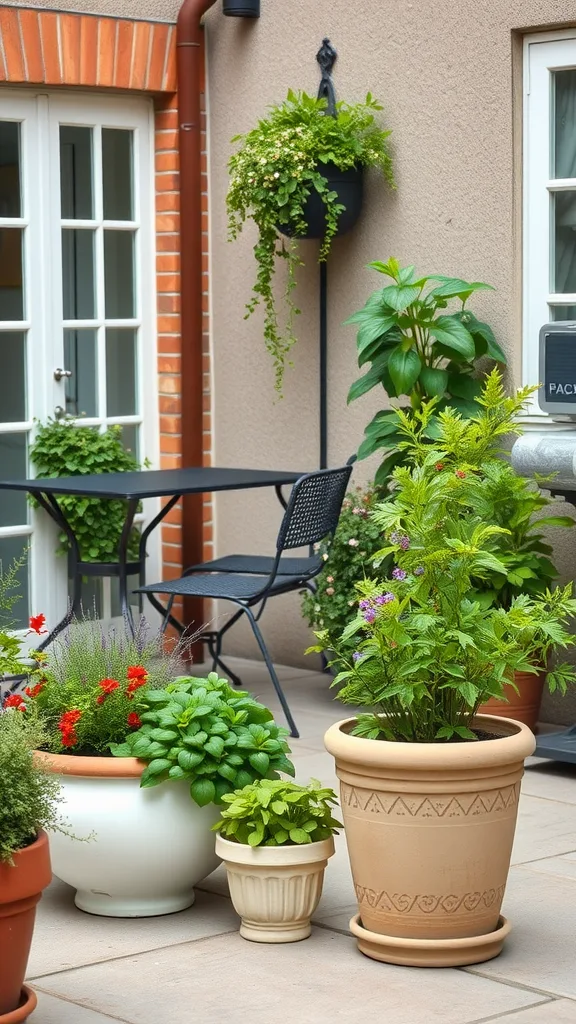 A cozy patio featuring various herb plants in pots, enhancing the space with greenery.