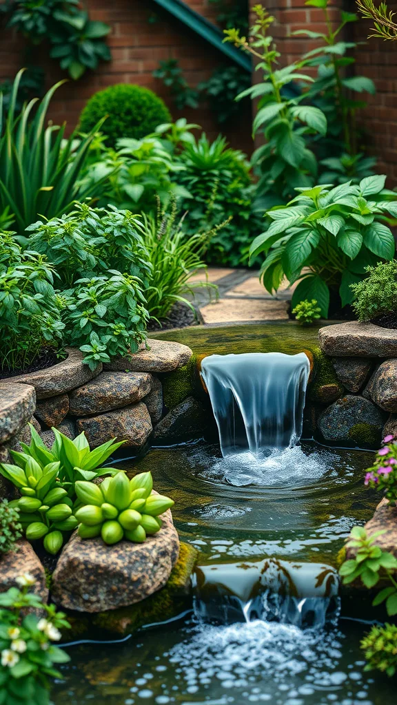 A small garden waterfall surrounded by lush green plants and herbs.