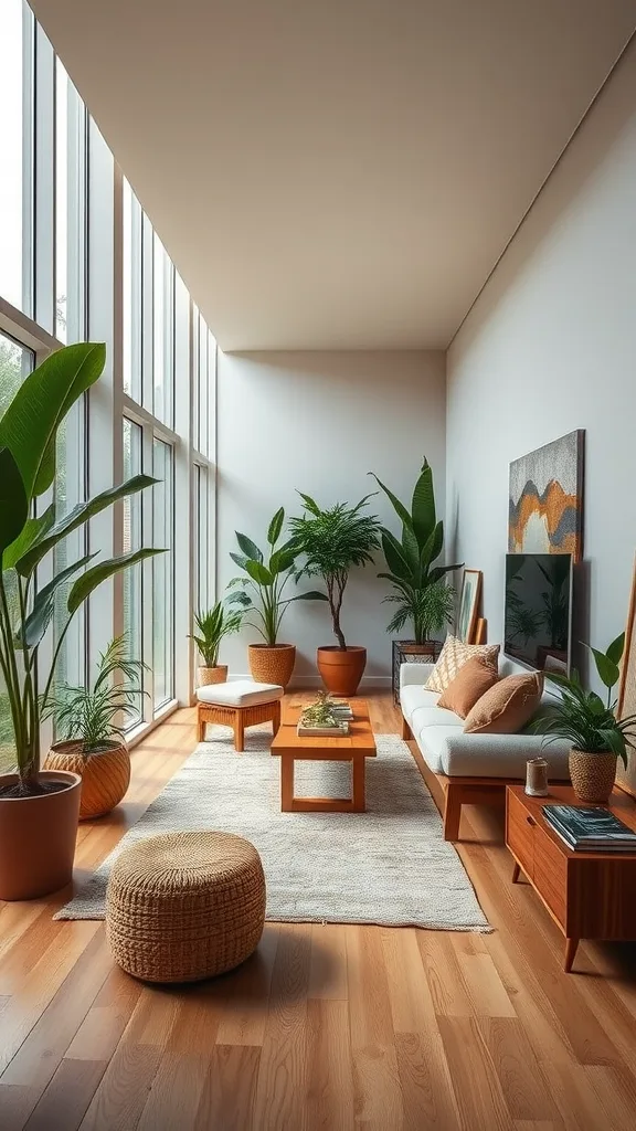 Bright and airy living room featuring large windows, lush plants, wooden furniture, and a cozy atmosphere.