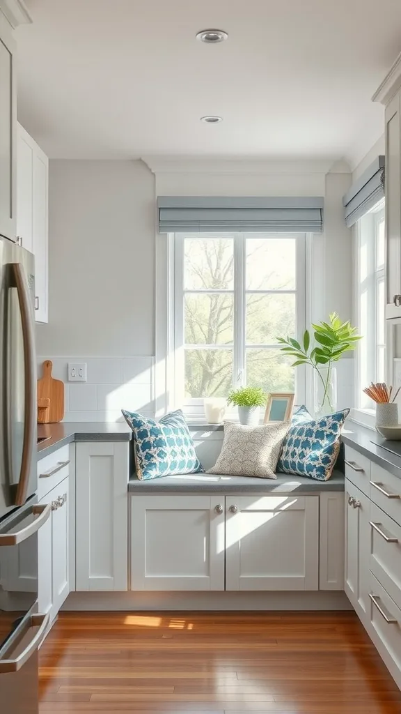 Cozy kitchen nook with white cabinetry, blue pillows, and a sunny window