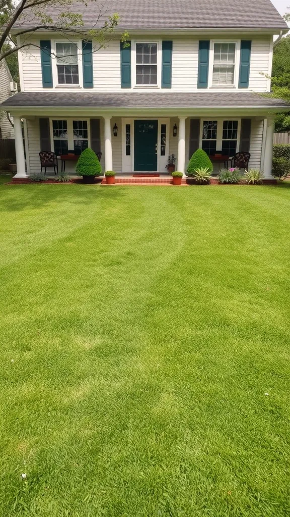 A well-maintained green lawn in front of a charming house with teal shutters and potted plants.