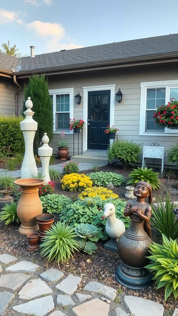 Front yard landscaping featuring sculptures, plants, and a decorative walkway