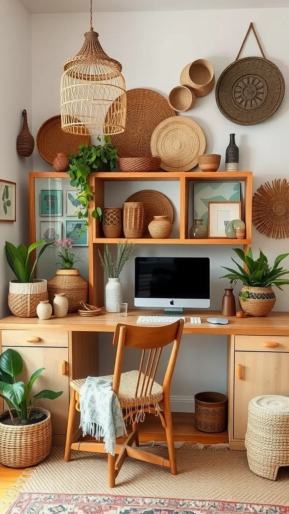 Boho home office with wooden desk, woven baskets on the wall, and plants