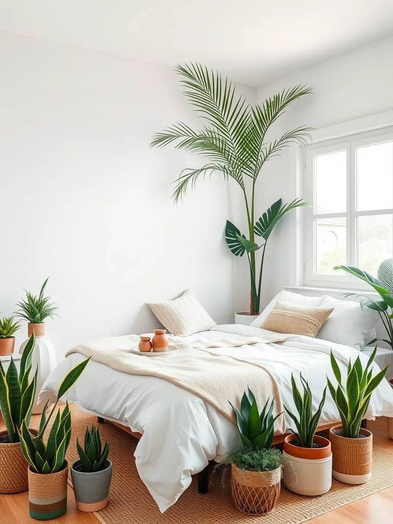 Cozy bedroom with a bed surrounded by various coastal plants in pots.