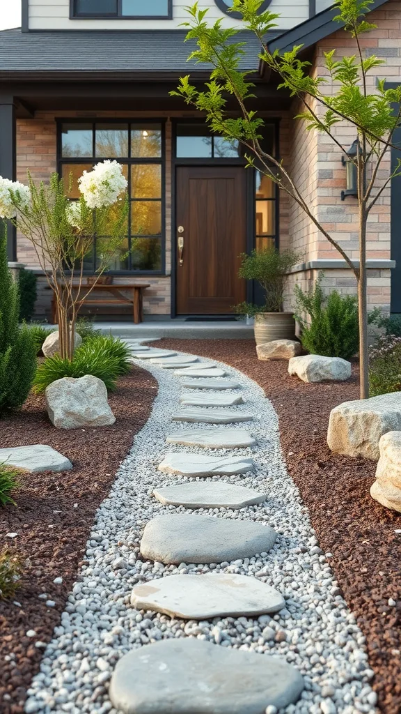 A front yard pathway made of decorative stones and gravel, leading to a wooden door, with greenery and flowers around.