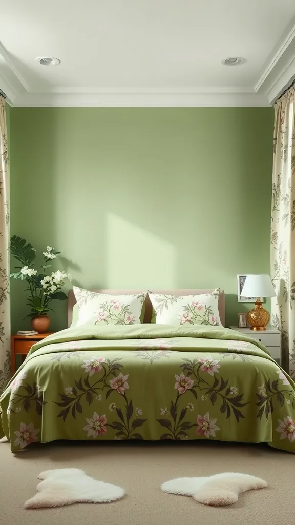 A cozy sage green bedroom featuring floral patterned bedding and curtains.