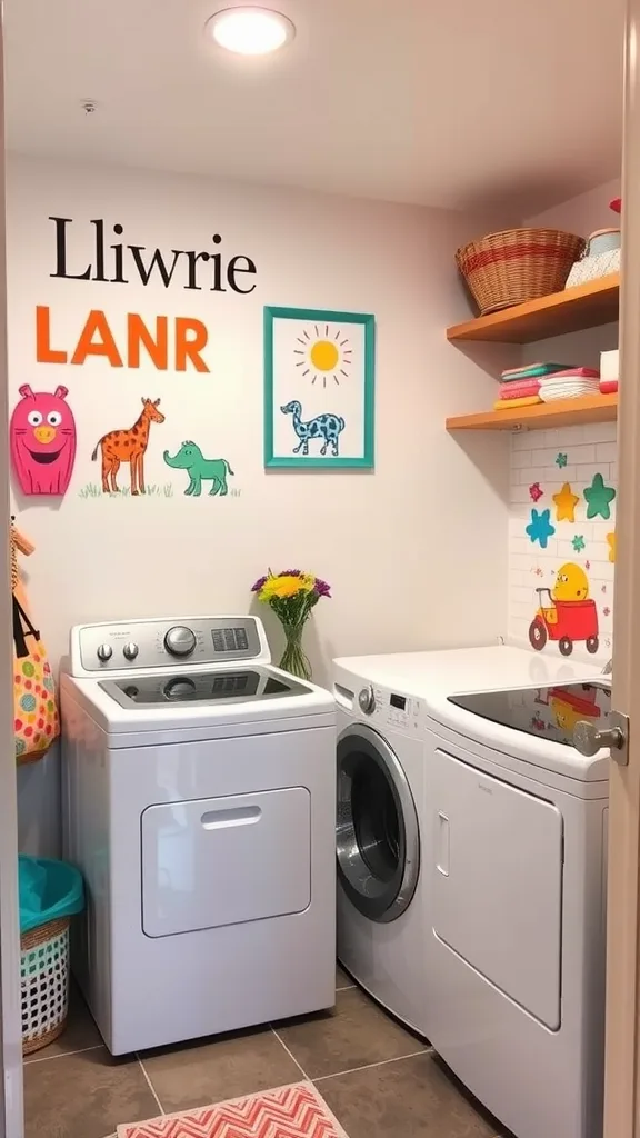 A colorful basement laundry room with playful animal decorations and vibrant accessories.