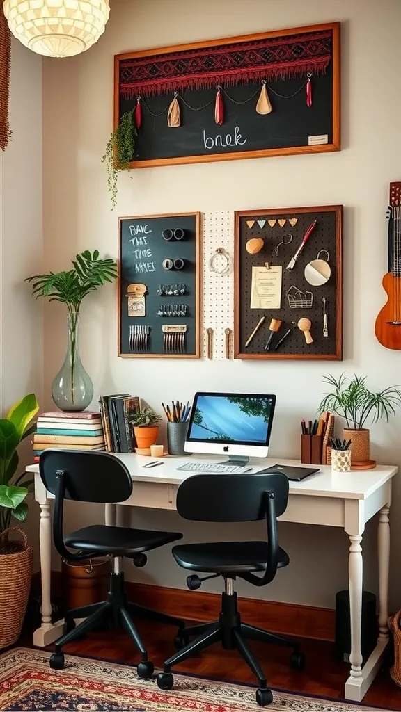 A stylish home office featuring a chalkboard wall for notes, modern desk, and decorative elements.