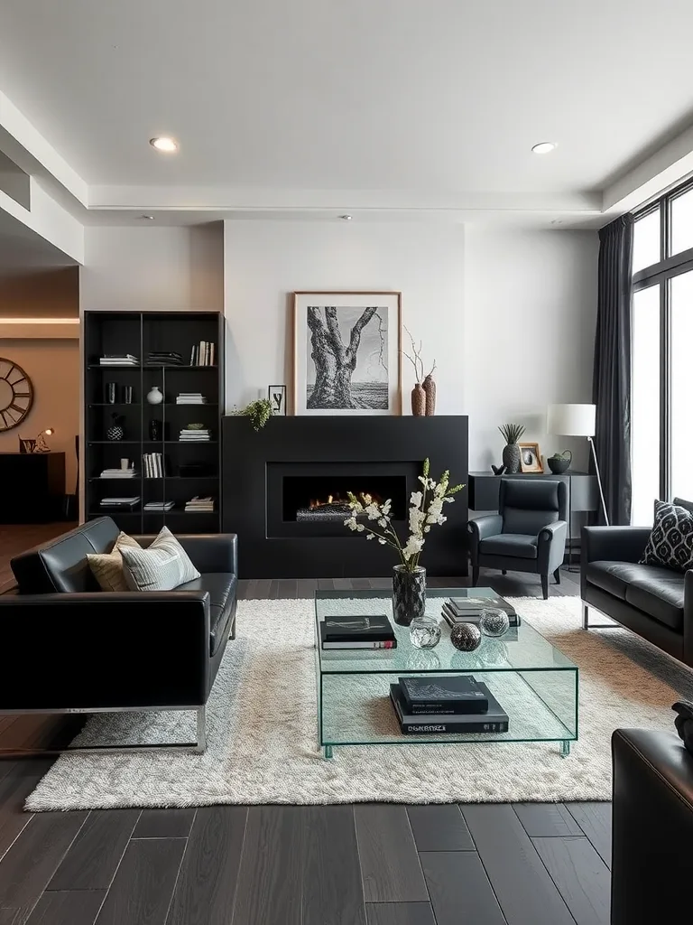 Modern black living room featuring glass elements, including a transparent coffee table and large windows.