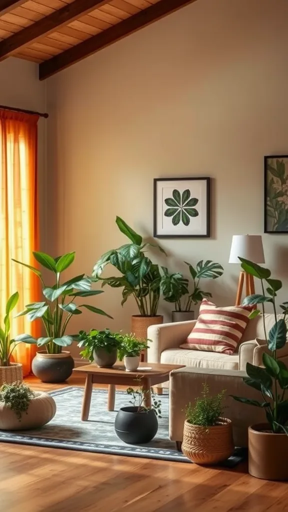 A cozy Japandi living room featuring various indoor plants, a comfortable sofa, and natural light.