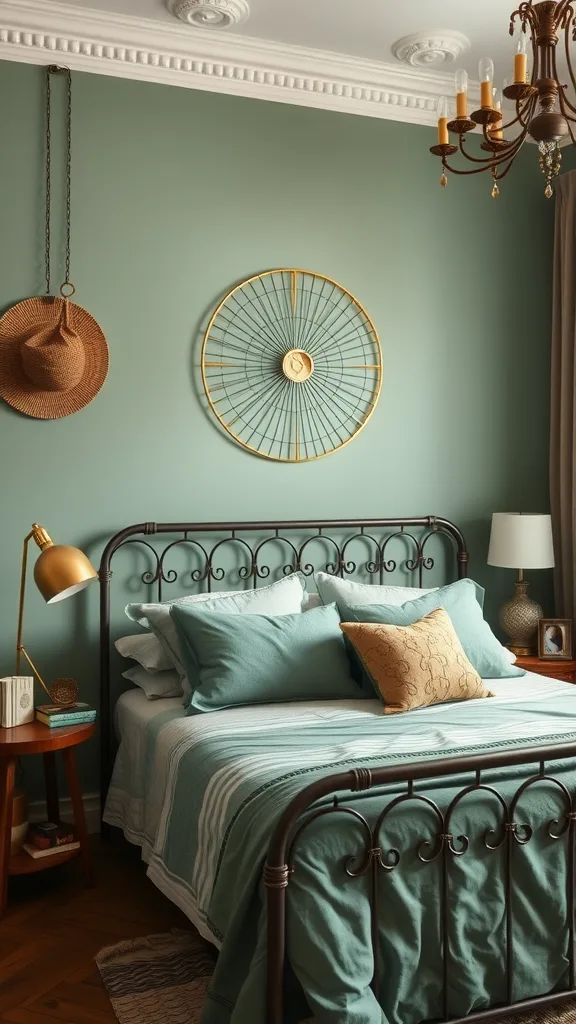 Sage green bedroom with metal accents and stylish decor.