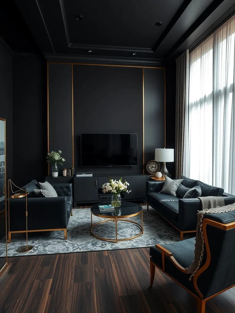 A stylish black living room with golden accents and elegant furniture.