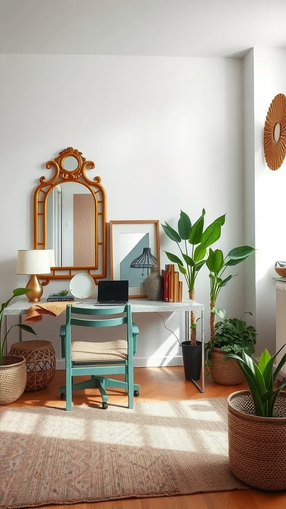 A boho home office featuring a large ornate mirror, plants, and a desk with a laptop.