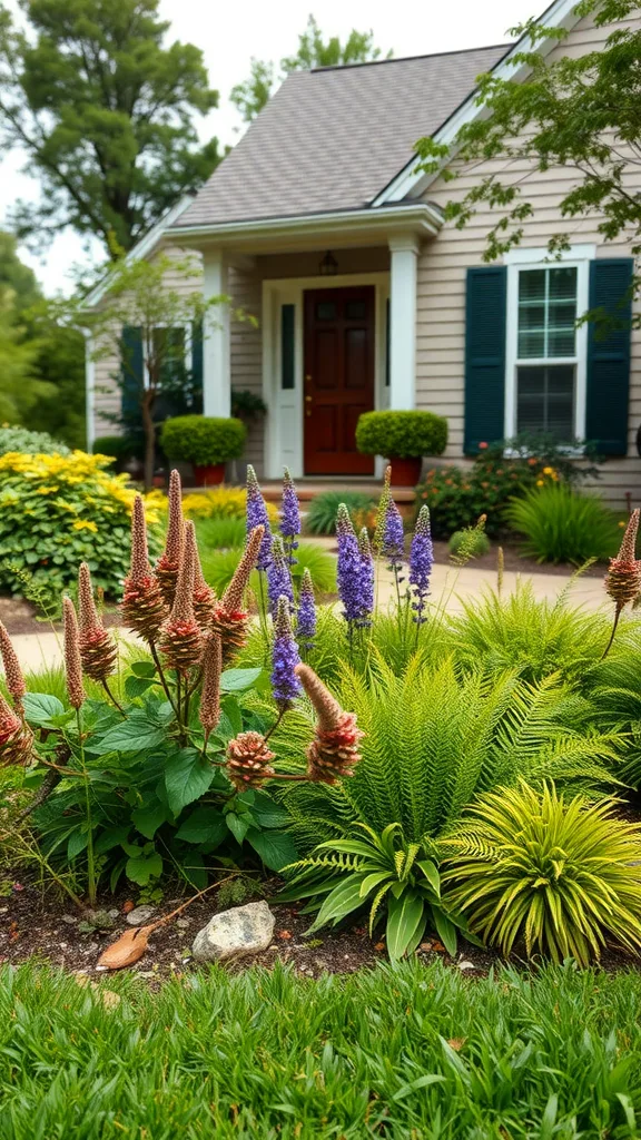 Front yard landscaping with native plants featuring colorful flowers and lush foliage.