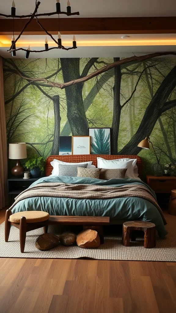 A cozy bedroom designed with a forest theme, featuring a tree mural, natural wood furniture, and earthy colors.