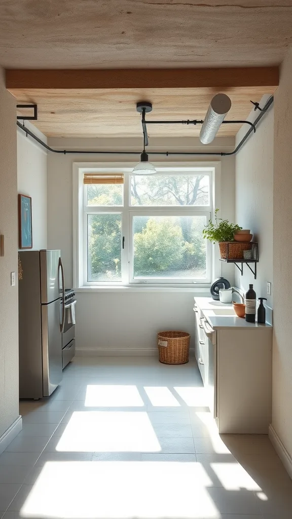 A bright and airy basement kitchenette with natural light streaming in through a large window, showcasing a modern design.