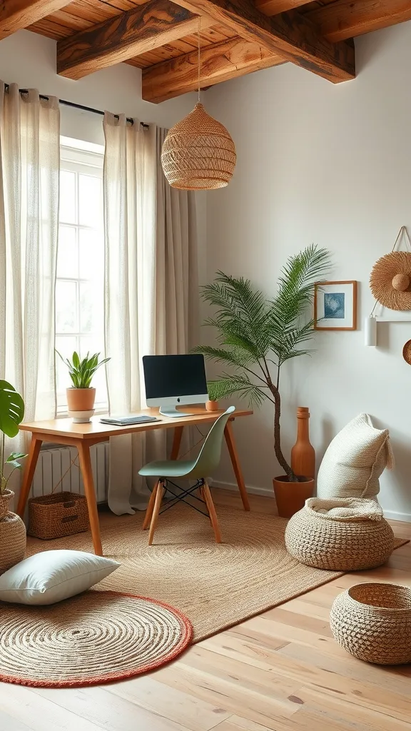 A cozy boho home office featuring natural textiles, soft rugs, and plants.