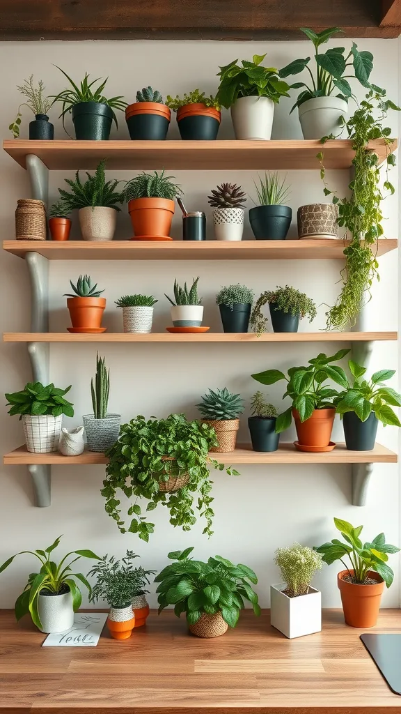 Open kitchen shelves filled with various houseplants in different pots, showcasing a lively and fresh aesthetic.