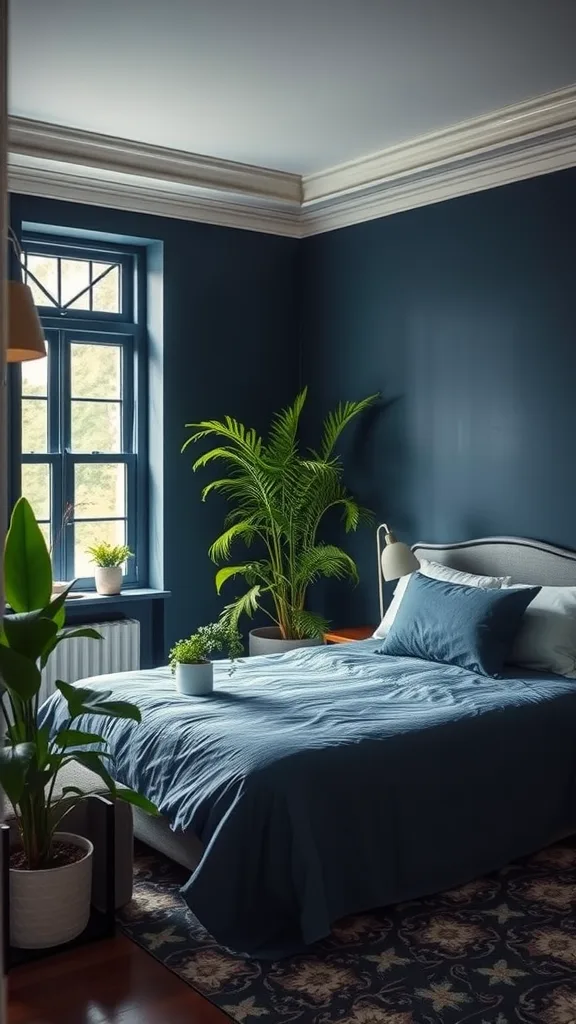 Navy blue bedroom with plants