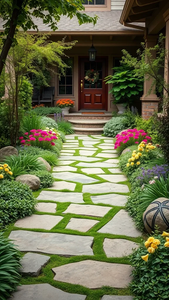 A beautiful stone pathway leading to a front door, surrounded by colorful flowers and greenery.