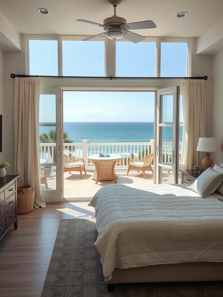 A coastal bedroom with large windows showing a view of the ocean and a patio with seating.