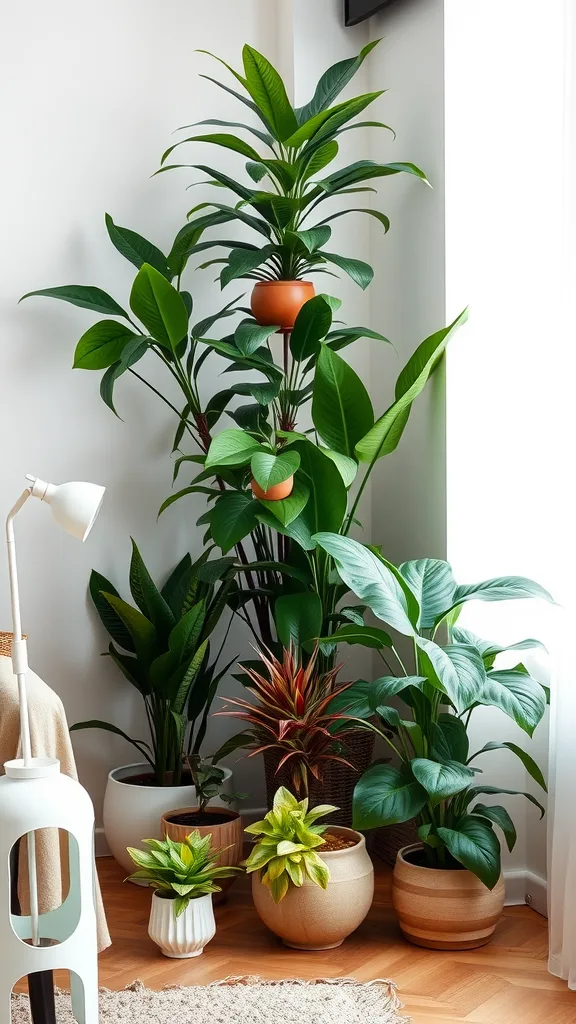 A cozy living room corner filled with various indoor plants in decorative pots, creating a bright and inviting space.