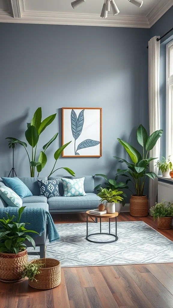 A stylish blue and gray living room featuring various indoor plants.