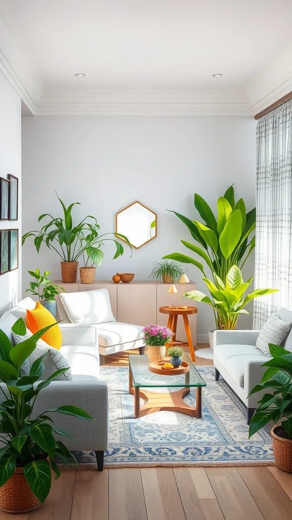 A bright coastal living room featuring indoor plants, neutral furniture, and natural lighting.