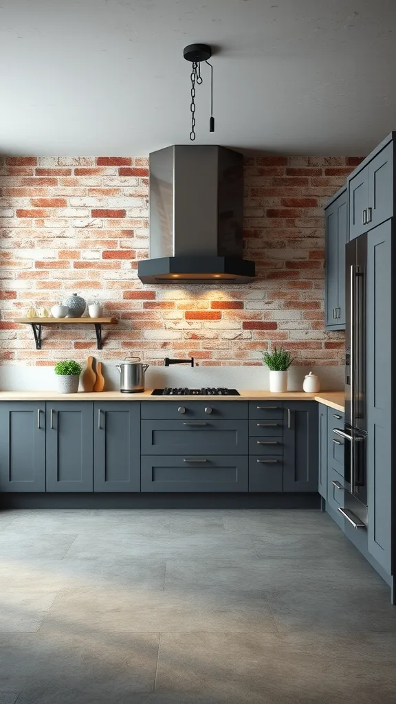 Modern kitchen with industrial gray cabinets and exposed brick wall