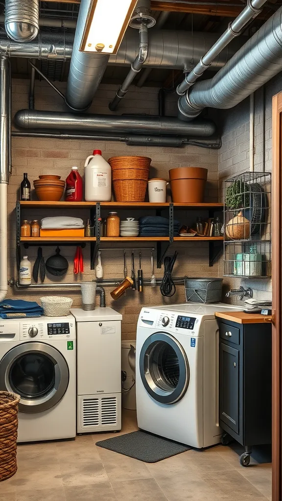 A stylish industrial laundry room with exposed pipes, metal shelves, and modern appliances.