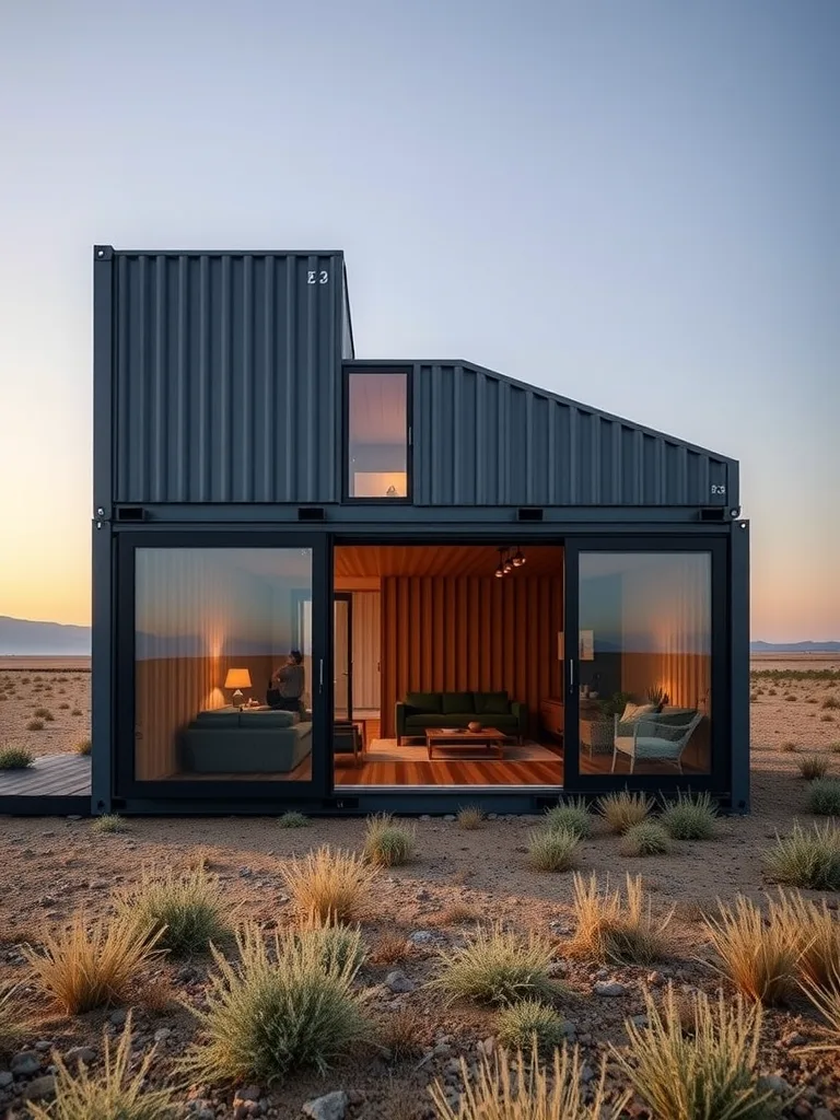 A modern shipping container home with folding walls, showcasing a stylish interior and surrounded by desert landscape.