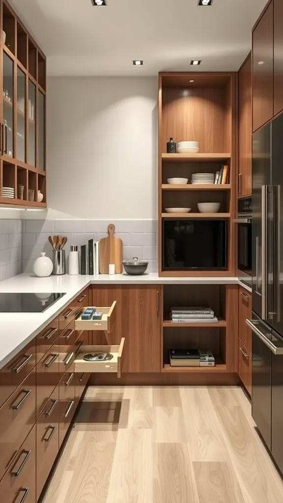 A modern kitchen with wooden cabinets, open shelves, and innovative storage solutions