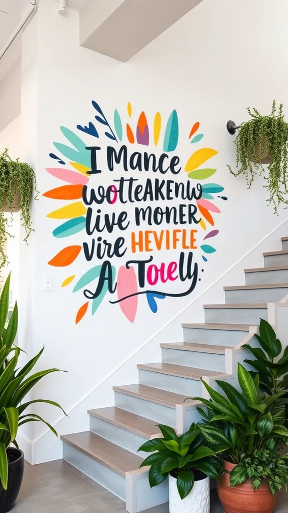 Colorful mural with inspirational quotes on a staircase wall