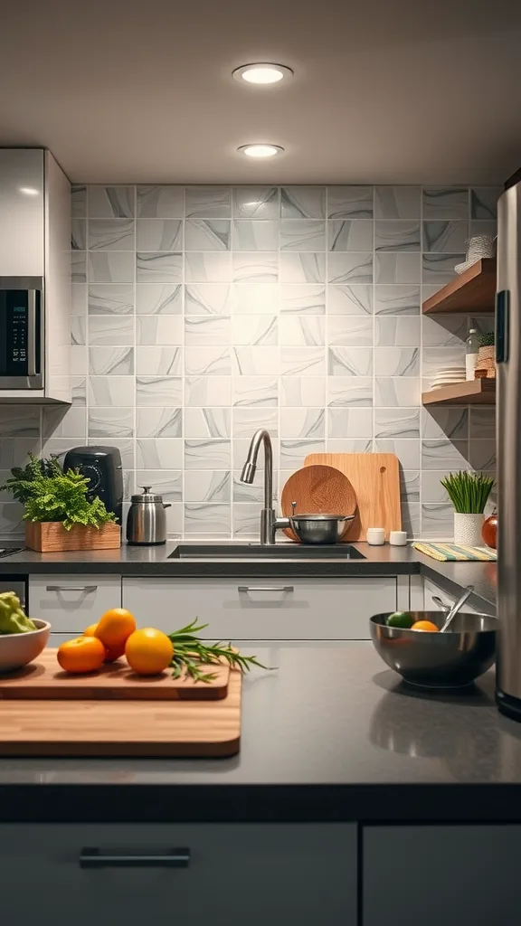 A modern kitchen with integrated smart technology, featuring sleek cabinets, a stylish backsplash, and fresh vegetables on the countertop.