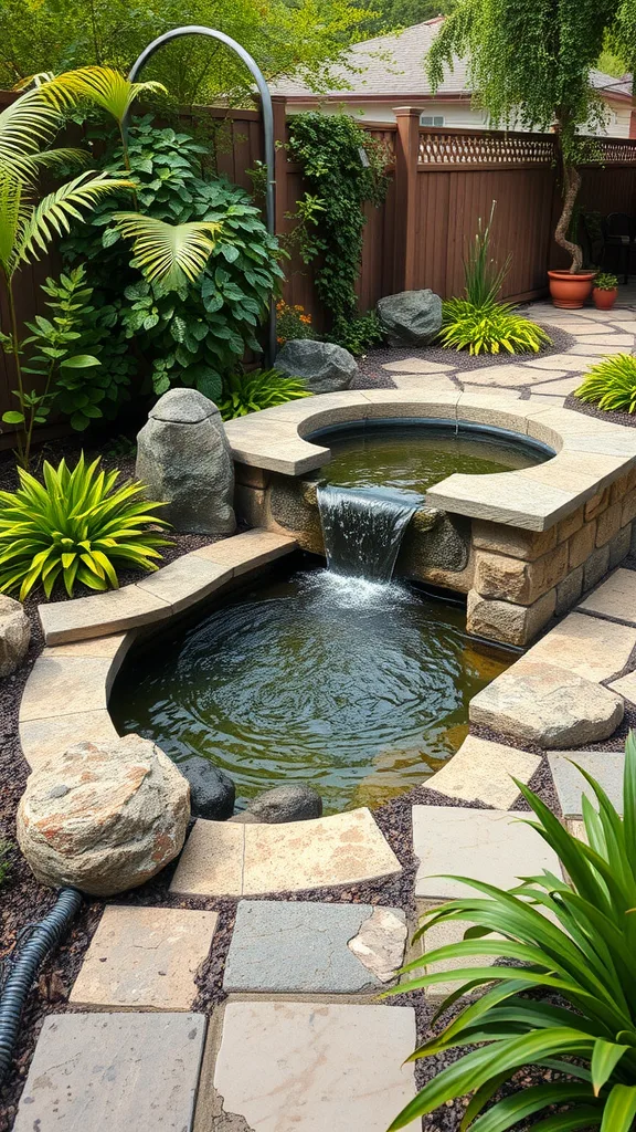 A beautiful integrated water feature with a stone layout, showcasing flowing water and surrounding greenery.